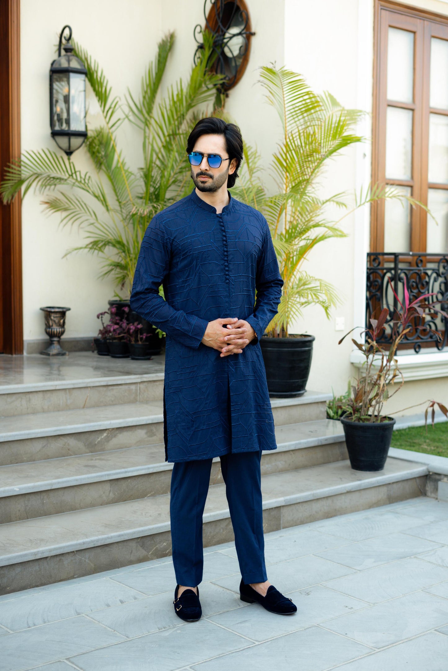 Blue Damask Kurta Pyjama