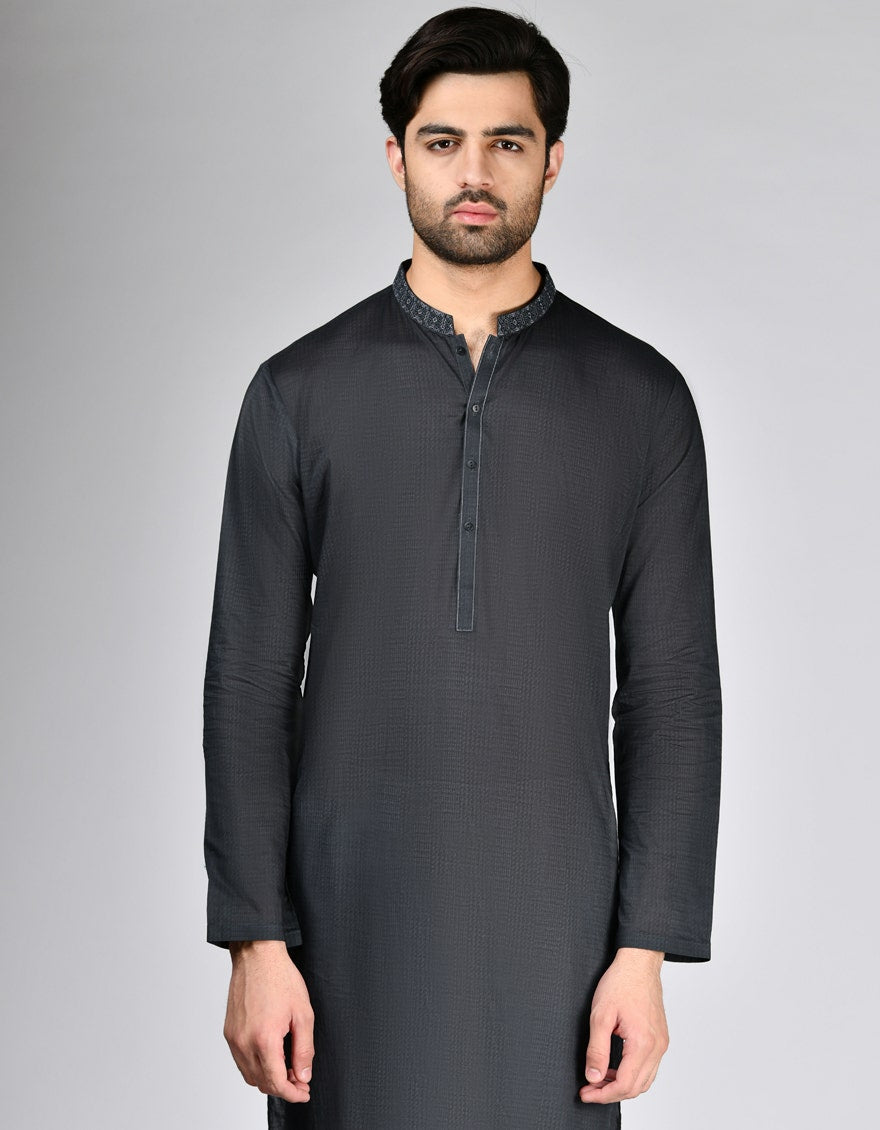 Charcoal Embroidered Cotton Kurta Trouser