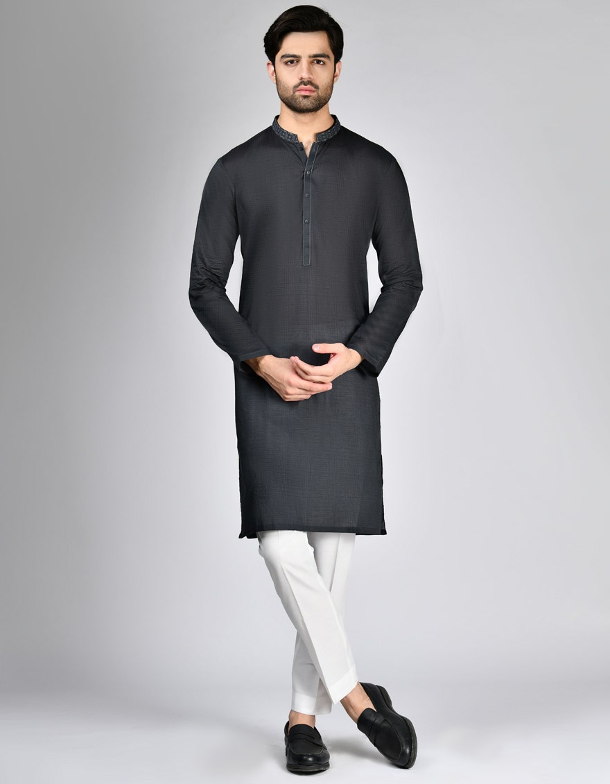 Charcoal Embroidered Cotton Kurta Trouser