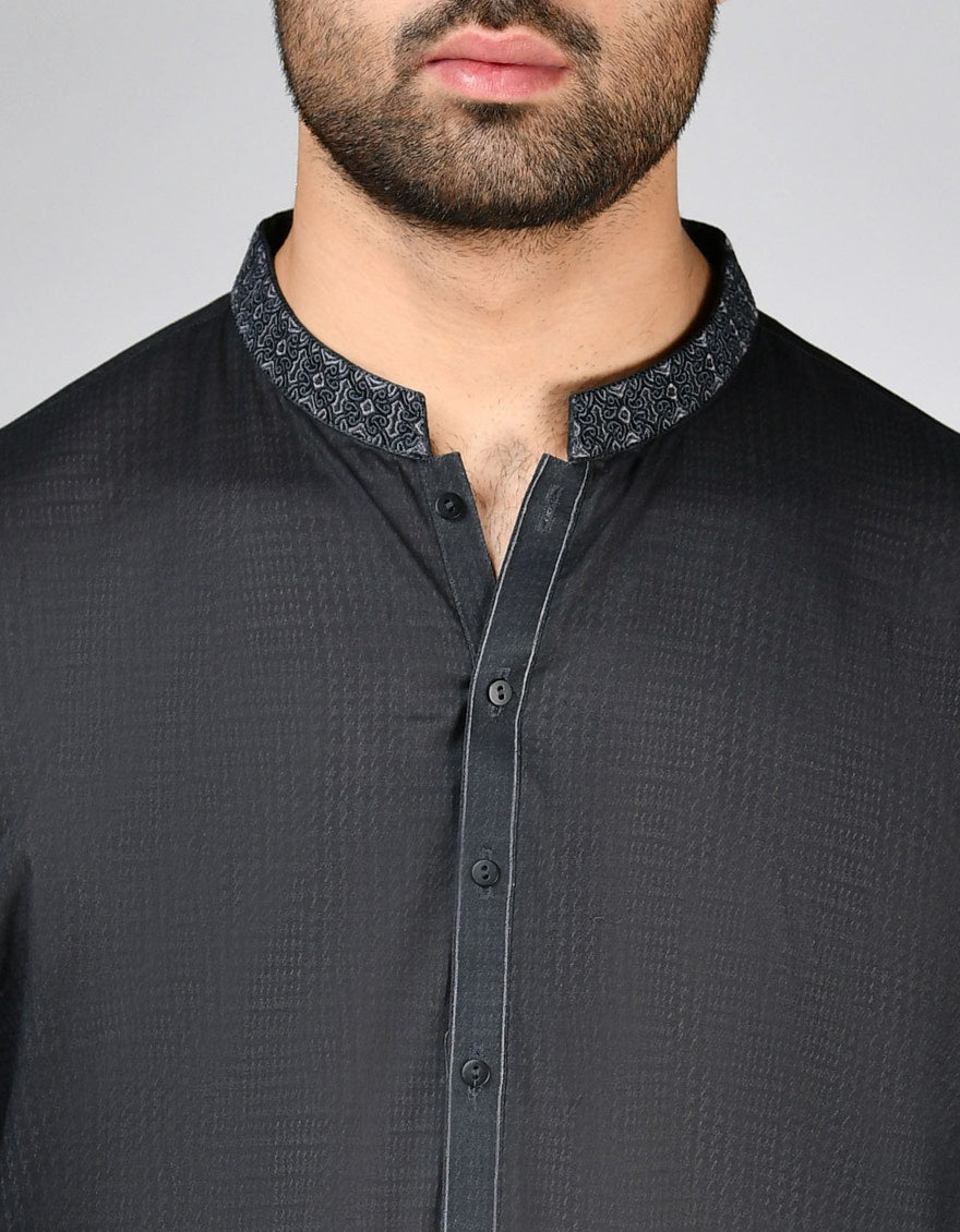 Charcoal Embroidered Cotton Kurta Trouser