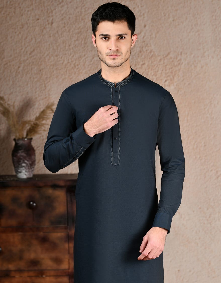 Blue Embroidered Cotton Kurta Pyjama