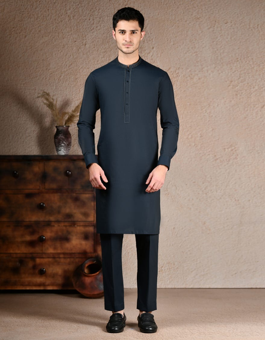 Blue Embroidered Cotton Kurta Pyjama