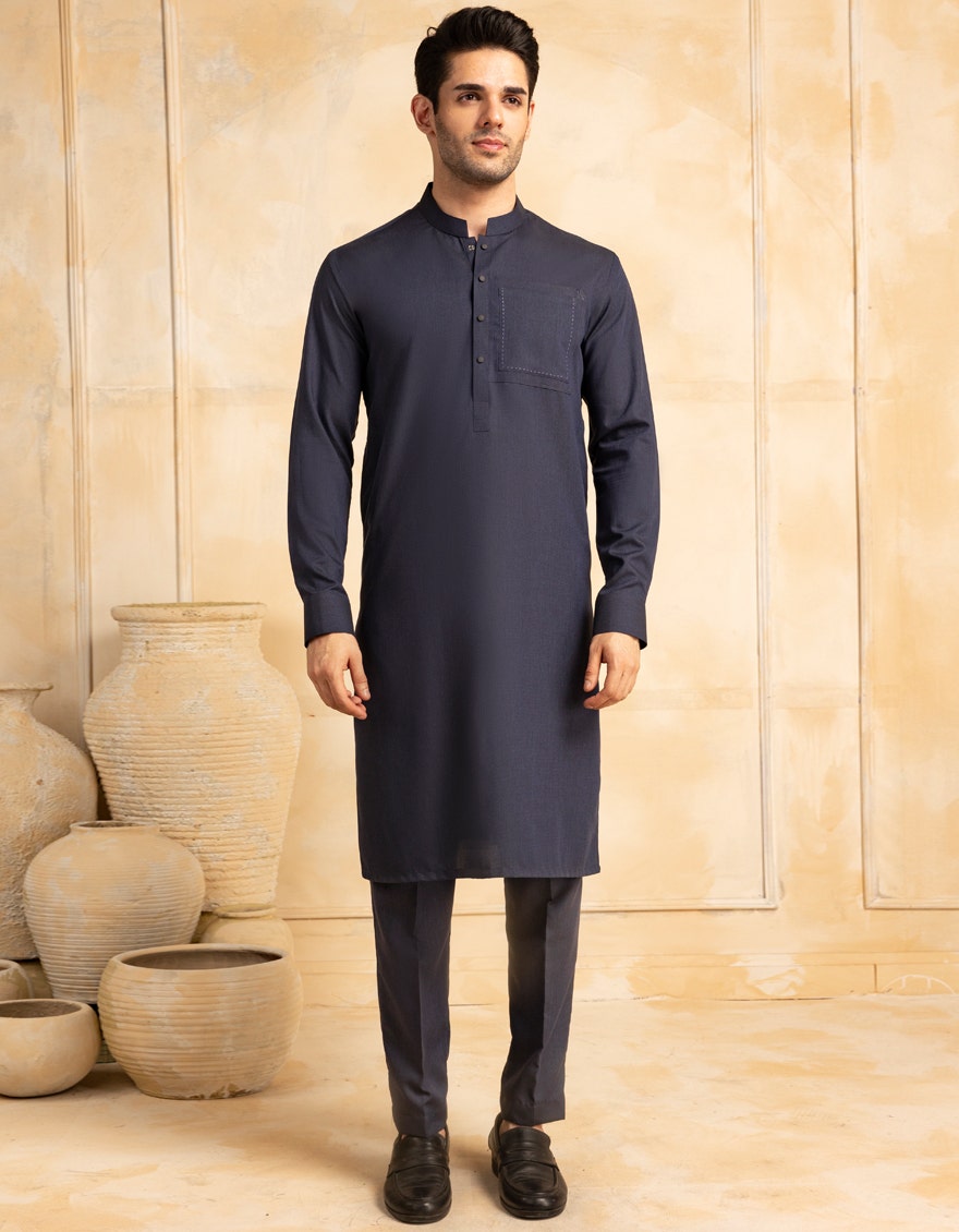 Navy Blue Premium Blended Kurta Pyjama