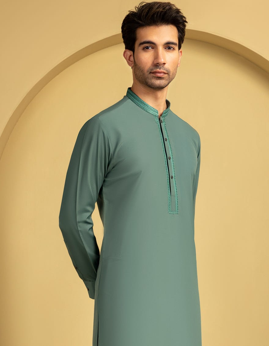 Green Embroidered Blended Kameez Shalwar