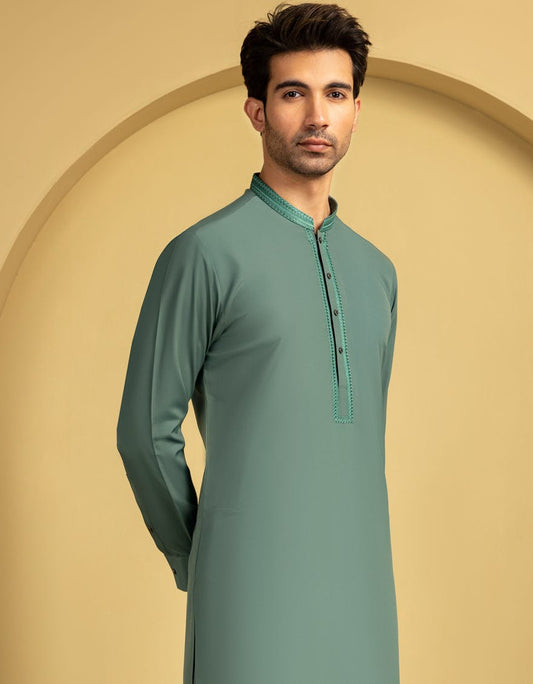 Green Embroidered Blended Kameez Shalwar