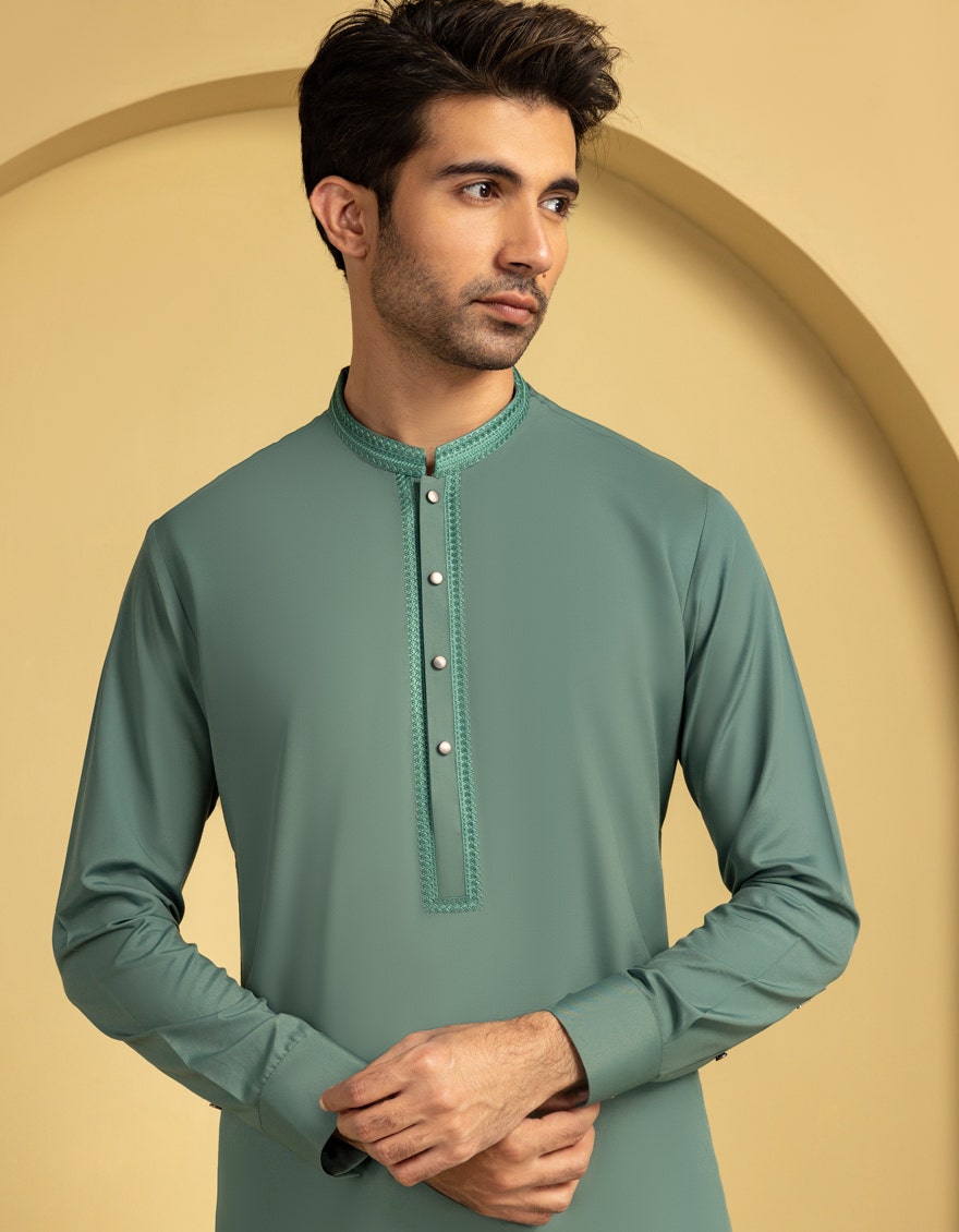 Green Embroidered Blended Kameez Shalwar