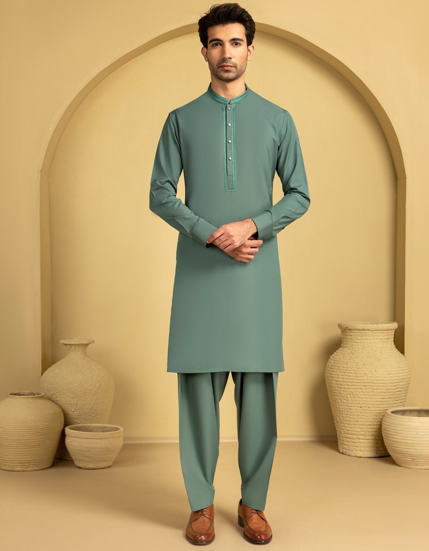 Green Embroidered Blended Kameez Shalwar