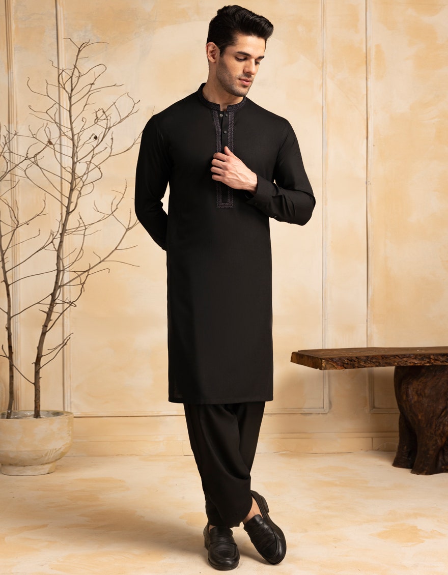 Black Embroidered Blended Kameez Shalwar