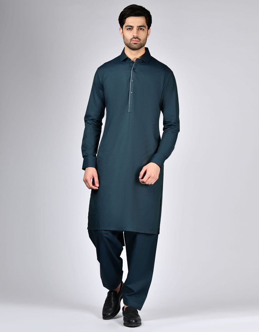 Blue Green Cotton Kameez Shalwar