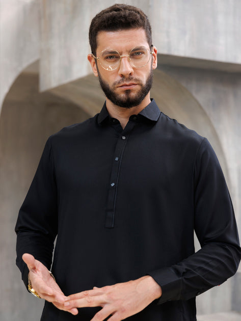 Wasim Akram Black Kameez Shalwar