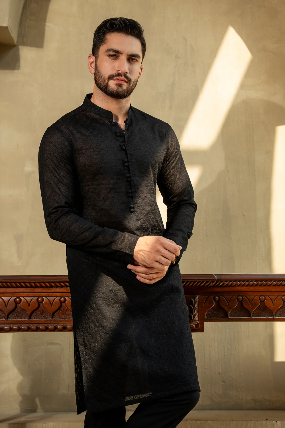 Black Schiffli Embroidered Kurta Pyjama
