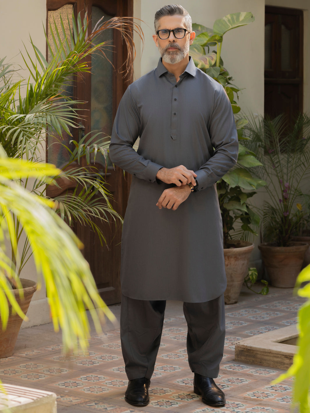 Wasim Akram Steel Grey Kameez Shalwar