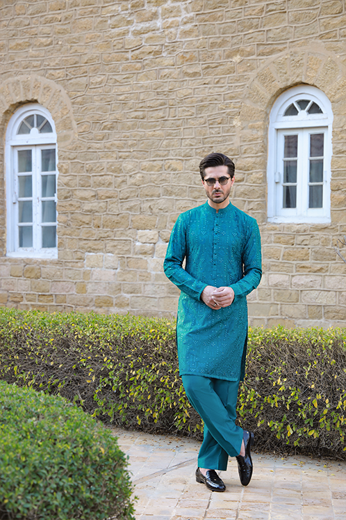 Teal Green Shahkaar Kurta Pyjama