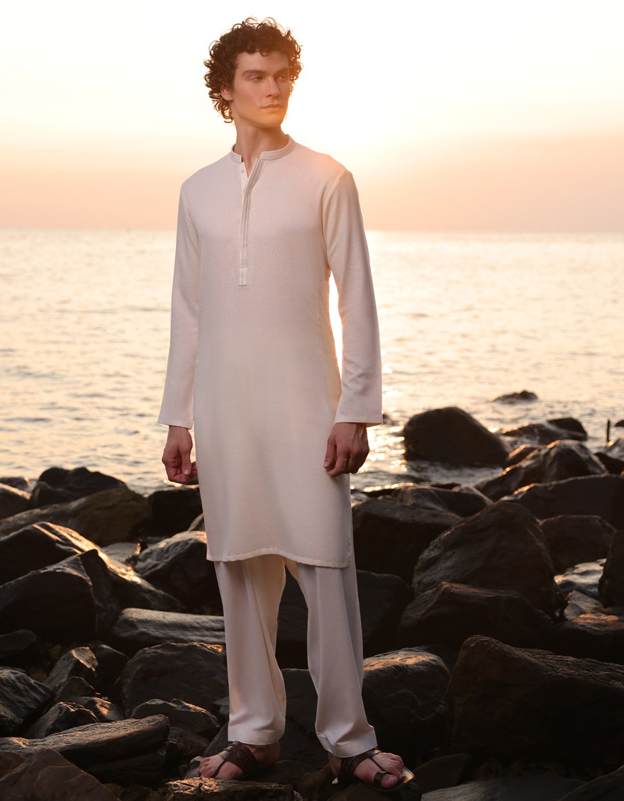 Off White Embroidered Cotton Kameez Shalwar