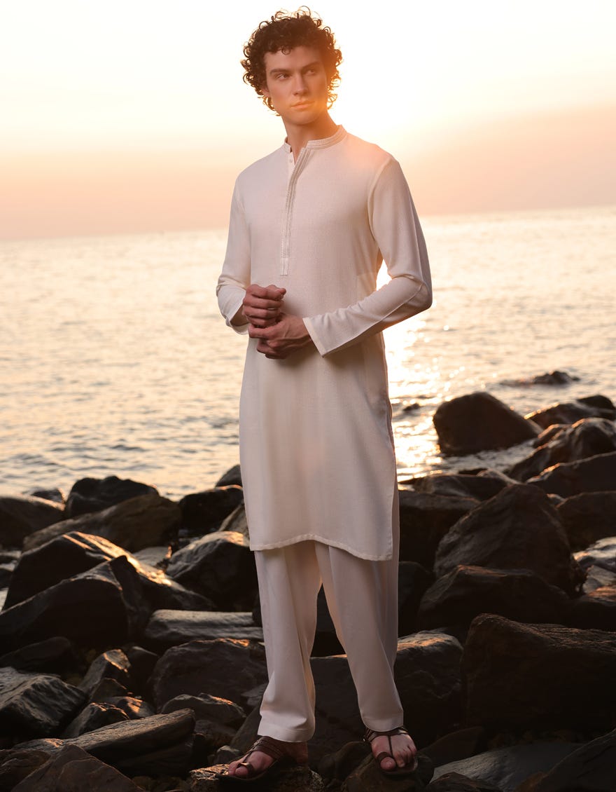 Off White Embroidered Cotton Kameez Shalwar