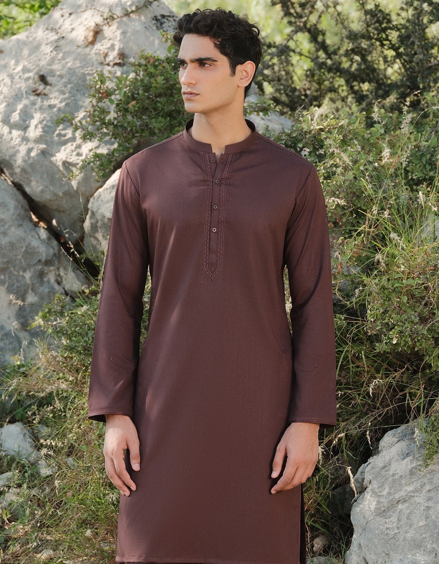 Brown Embroidered Blended Kameez Shalwar