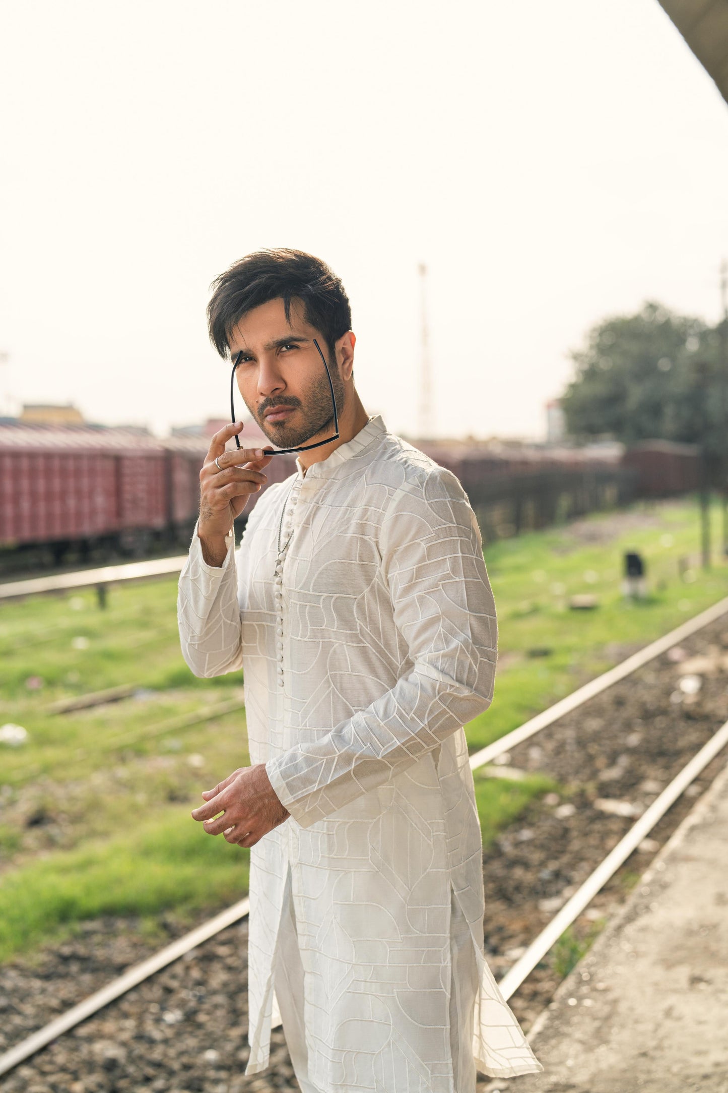 White Damask Kurta Pyjama