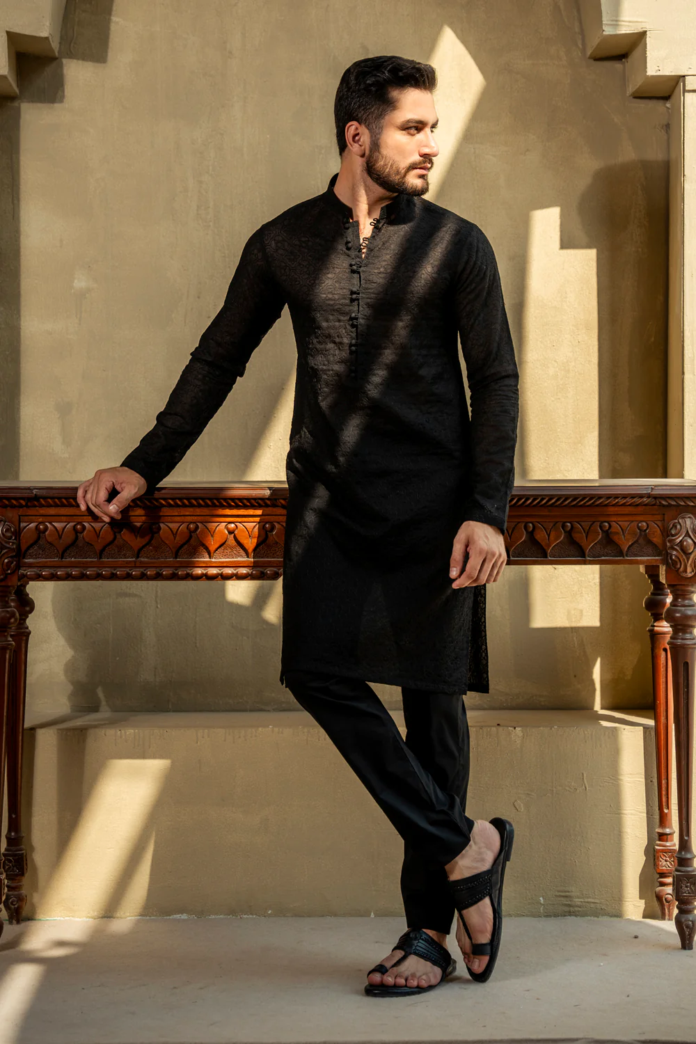 Black Schiffli Embroidered Kurta Pyjama