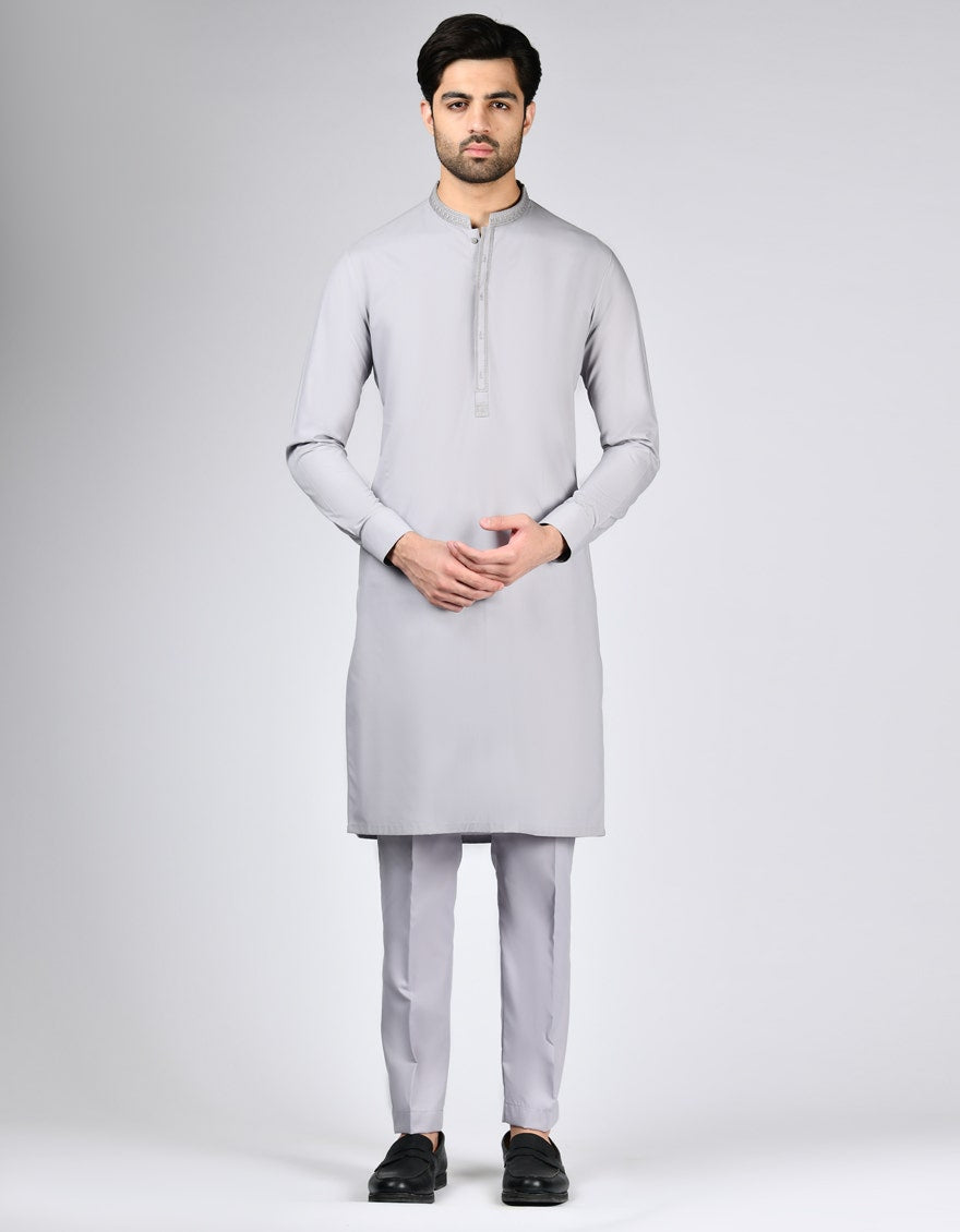 Dull Grey Embroidered Kameez Shalwar