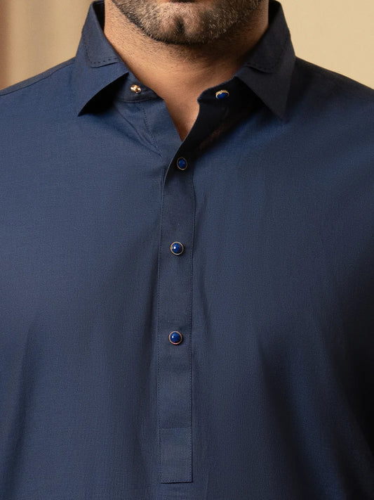 Wasim Akram Dark Blue Luxury Cotton Kameez Shalwar