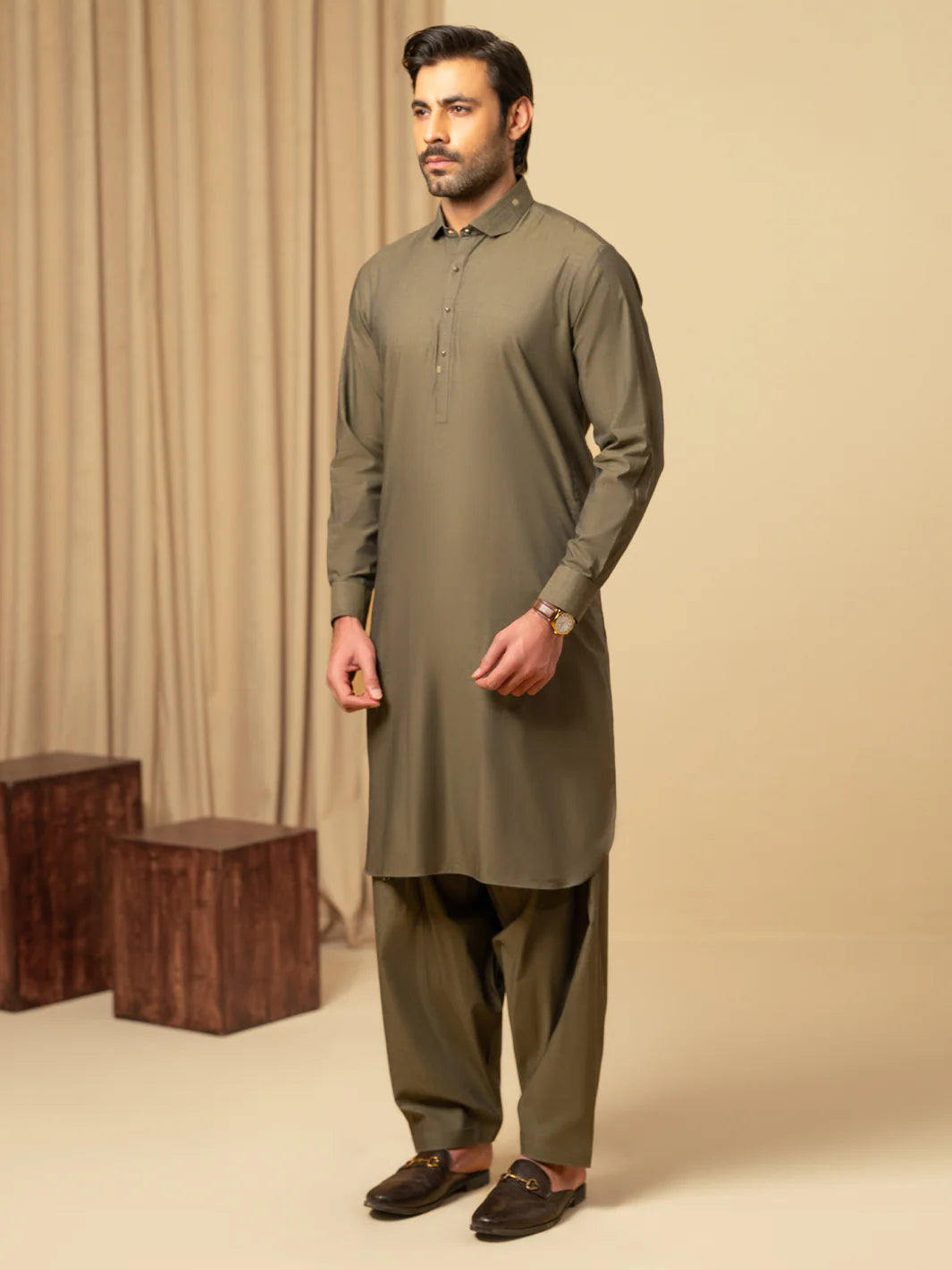 Wasim Akram Olive Green Luxury Fine Cotton Kameez Shalwar
