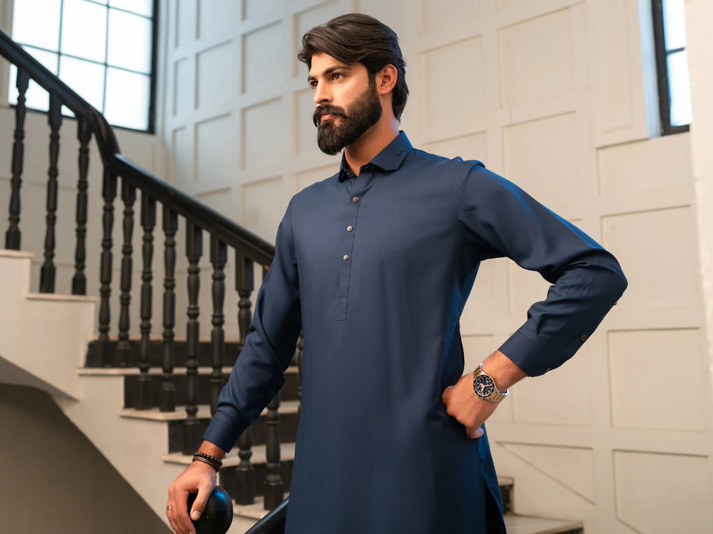 Wasim Akram Blue Limited Edition Blended Kameez Shalwar