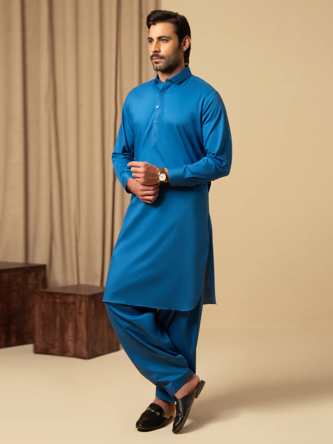 Wasim Akram Blue Luxury Fine Cotton Kameez Shalwar