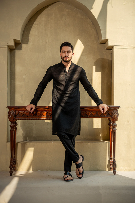Black Schiffli Embroidered Kurta Pyjama