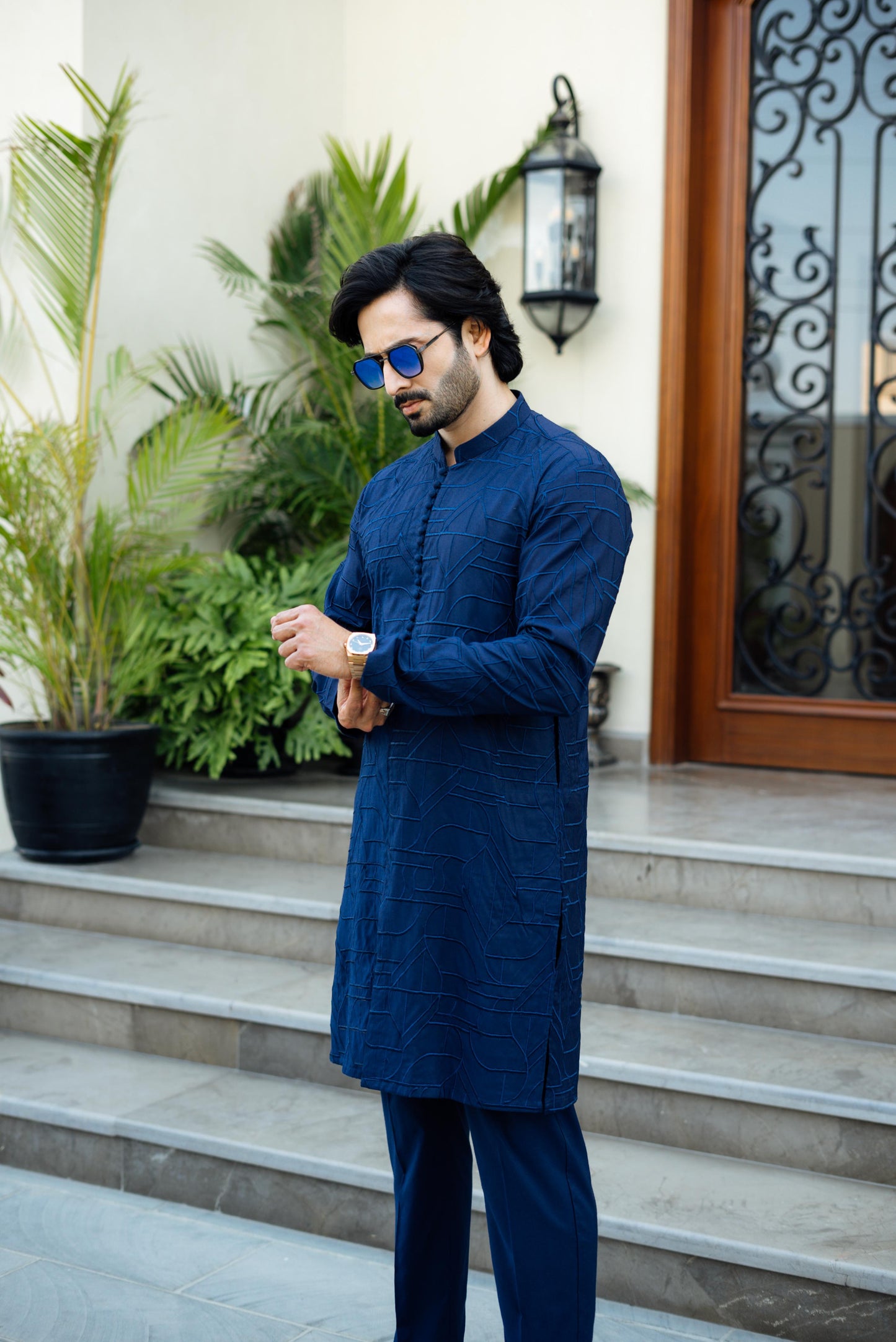 Blue Damask Kurta Pyjama