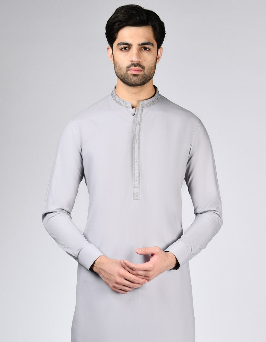 Dull Grey Embroidered Kameez Shalwar