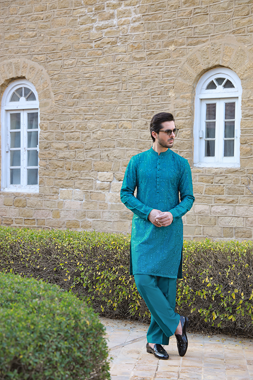 Teal Green Shahkaar Kurta Pyjama