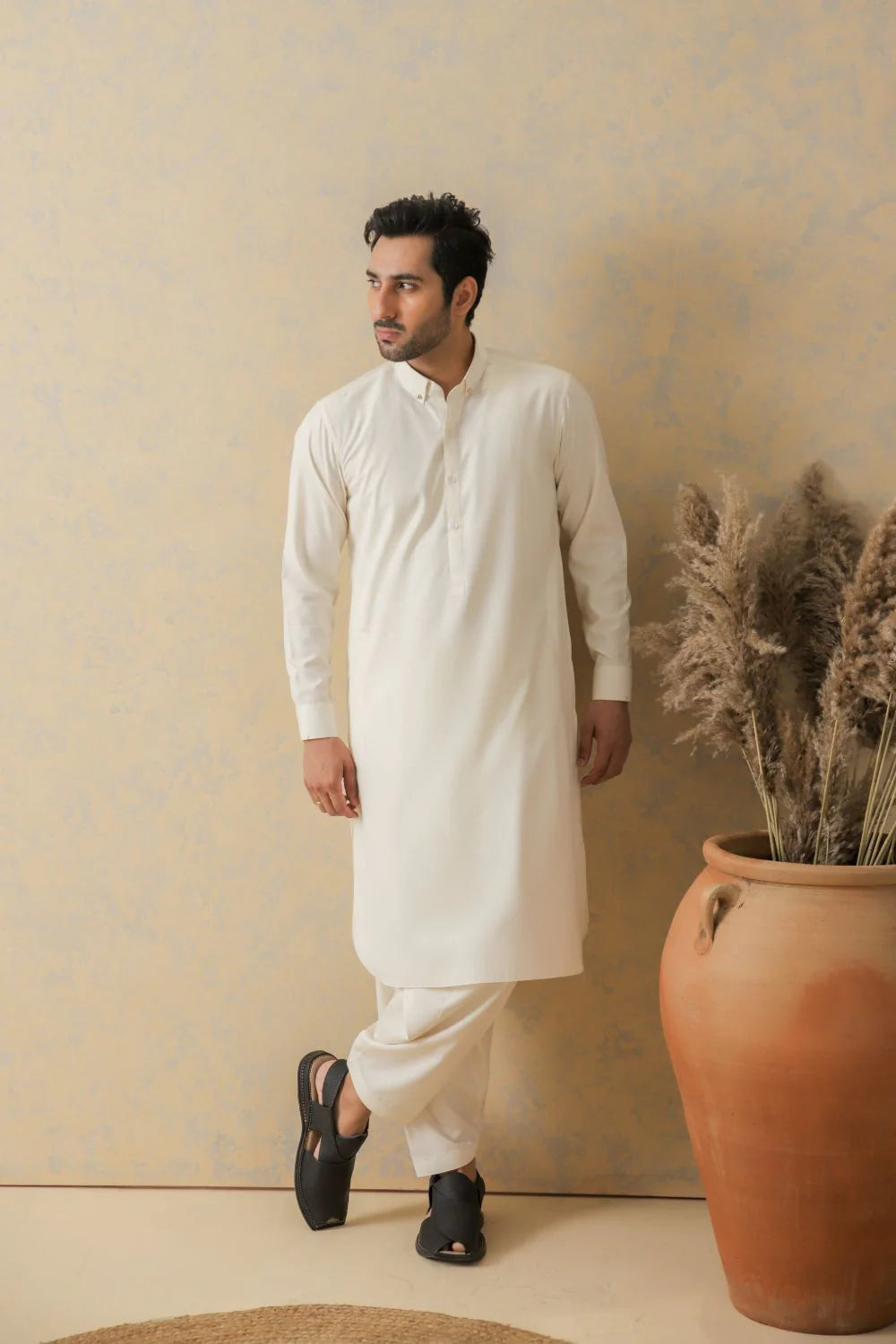 Cream Self Textured Kameez Shalwar