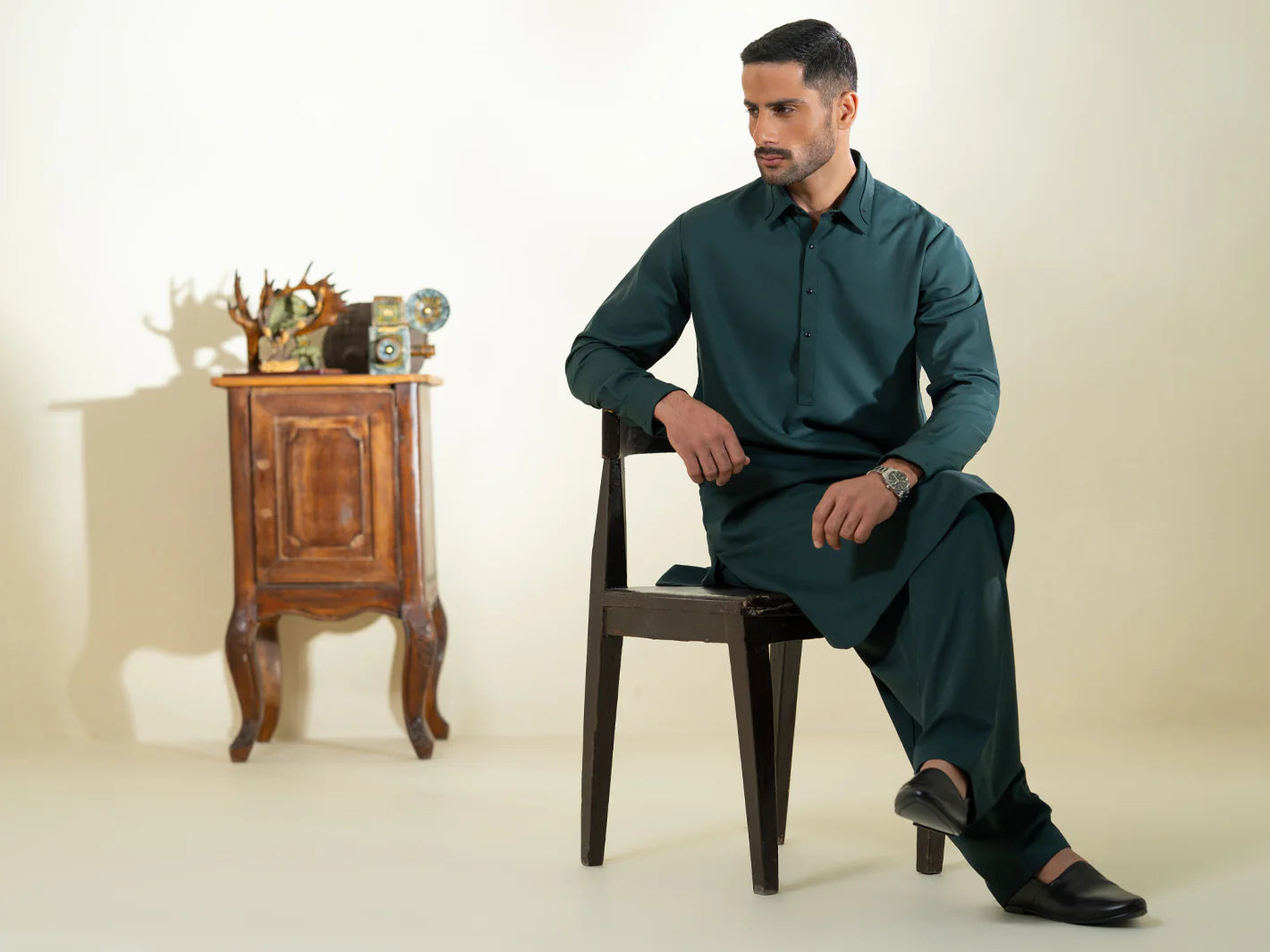 Wasim Akram Dark Green Blended Kameez Shalwar