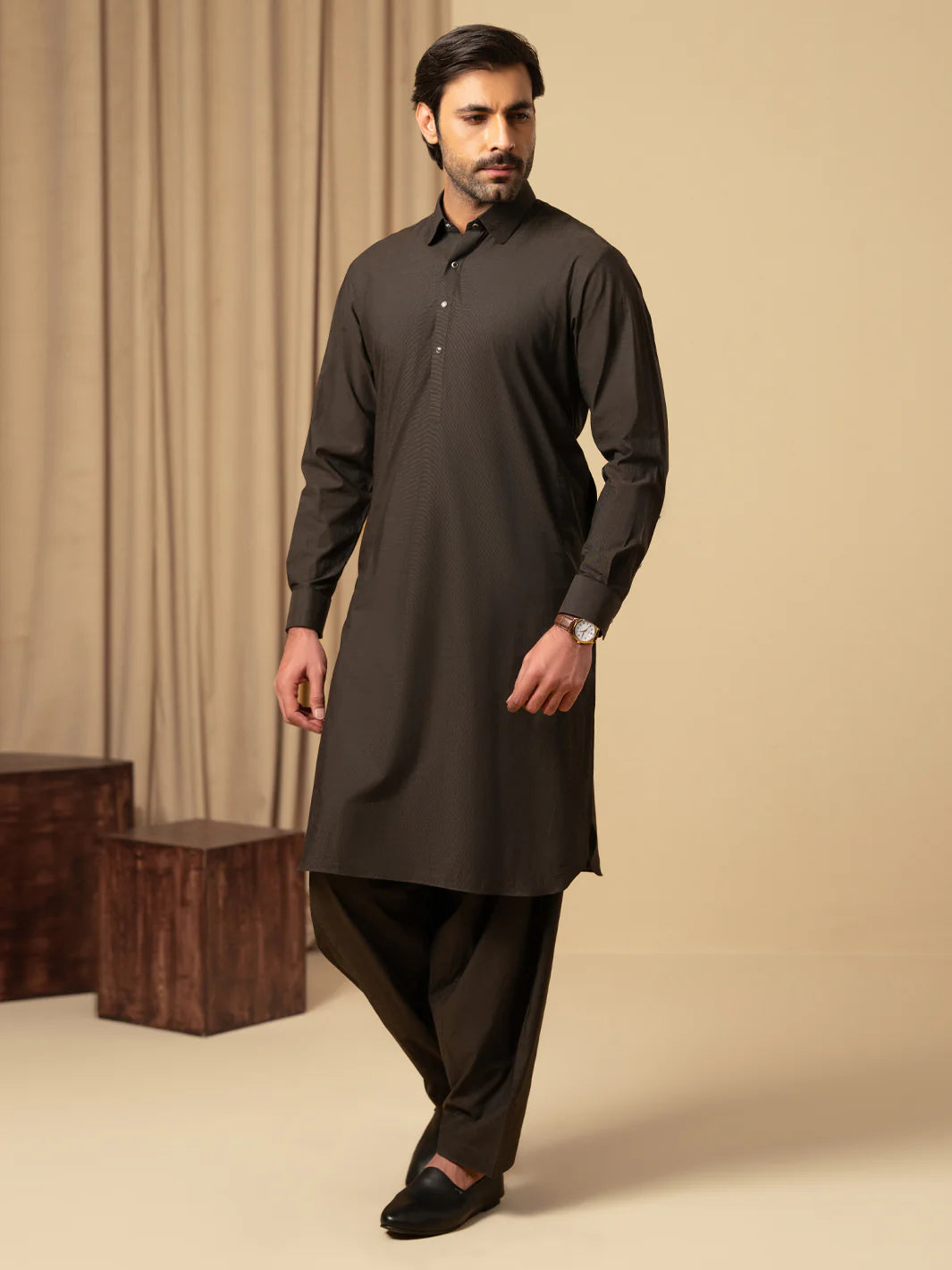 Wasim Akram Dark Brown Luxury Fine Cotton Kameez Shalwar