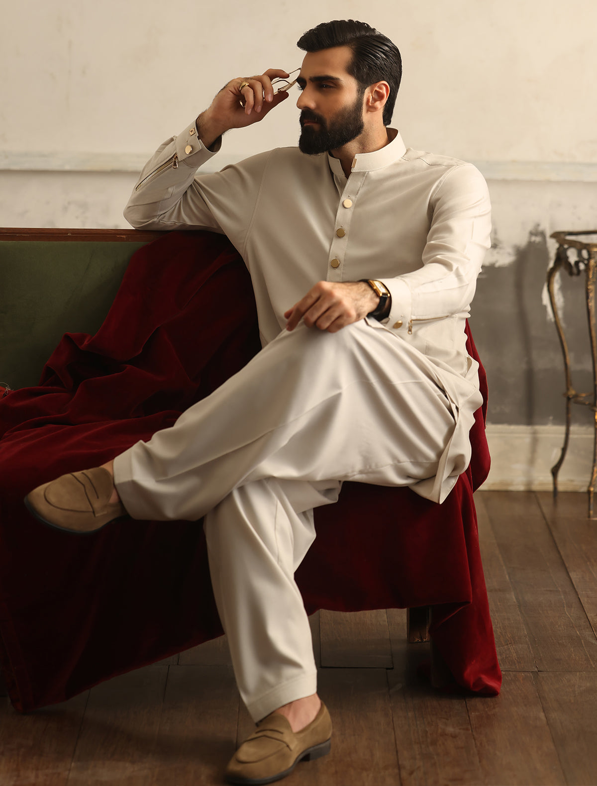 Ivory - Gold Detailed Limited Edition Kameez Shalwar (SHK2470)