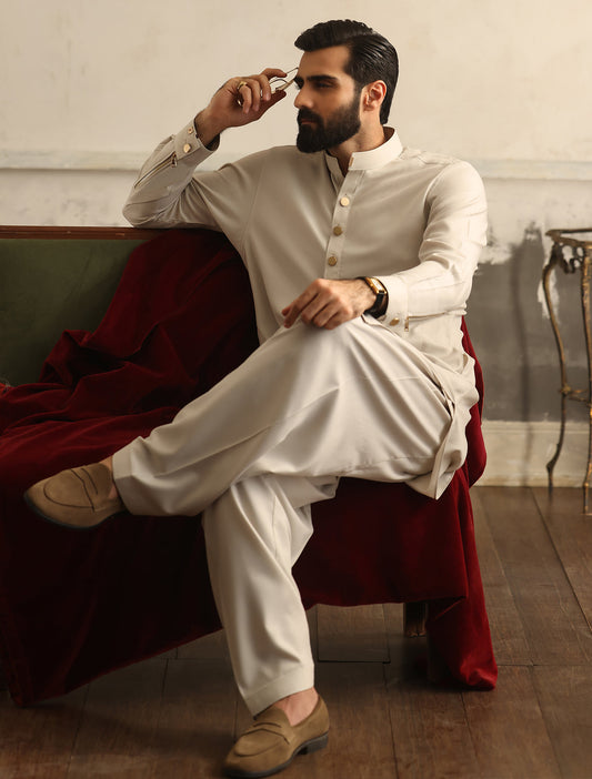 Ivory - Gold Detailed Limited Edition Kameez Shalwar (SHK2470)
