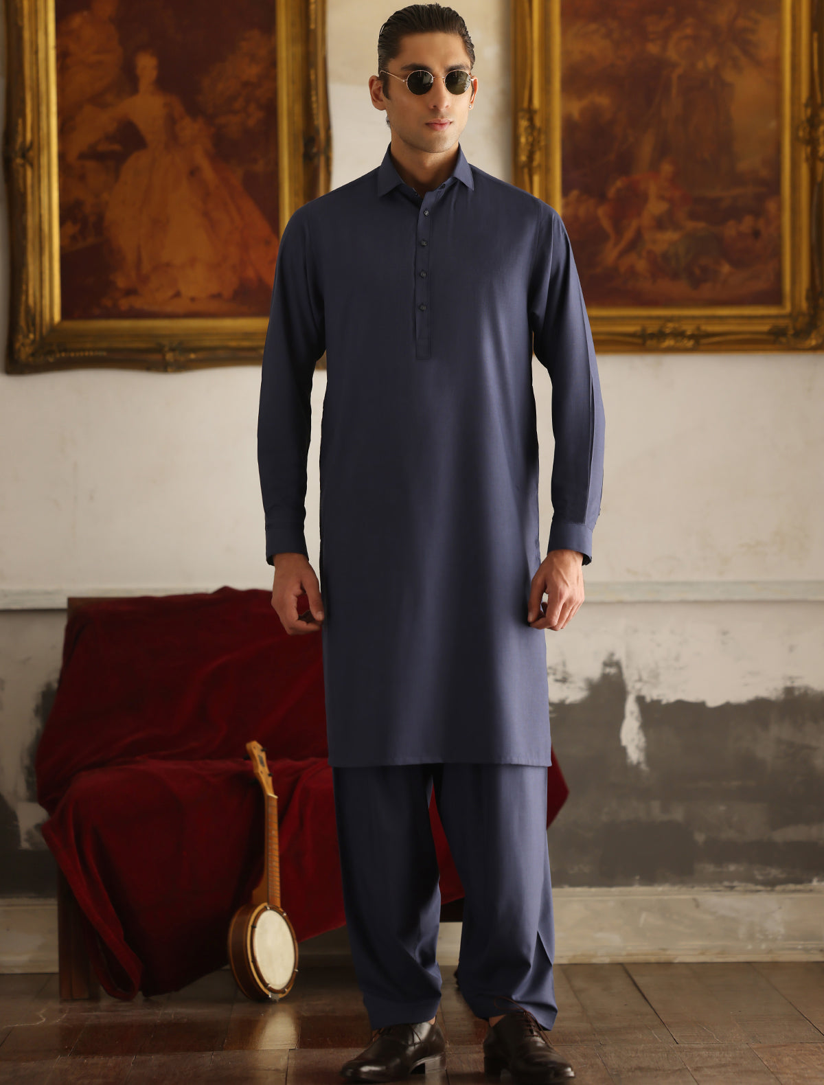 Blue Monogram Detailed Kameez Shalwar (SHK2471)