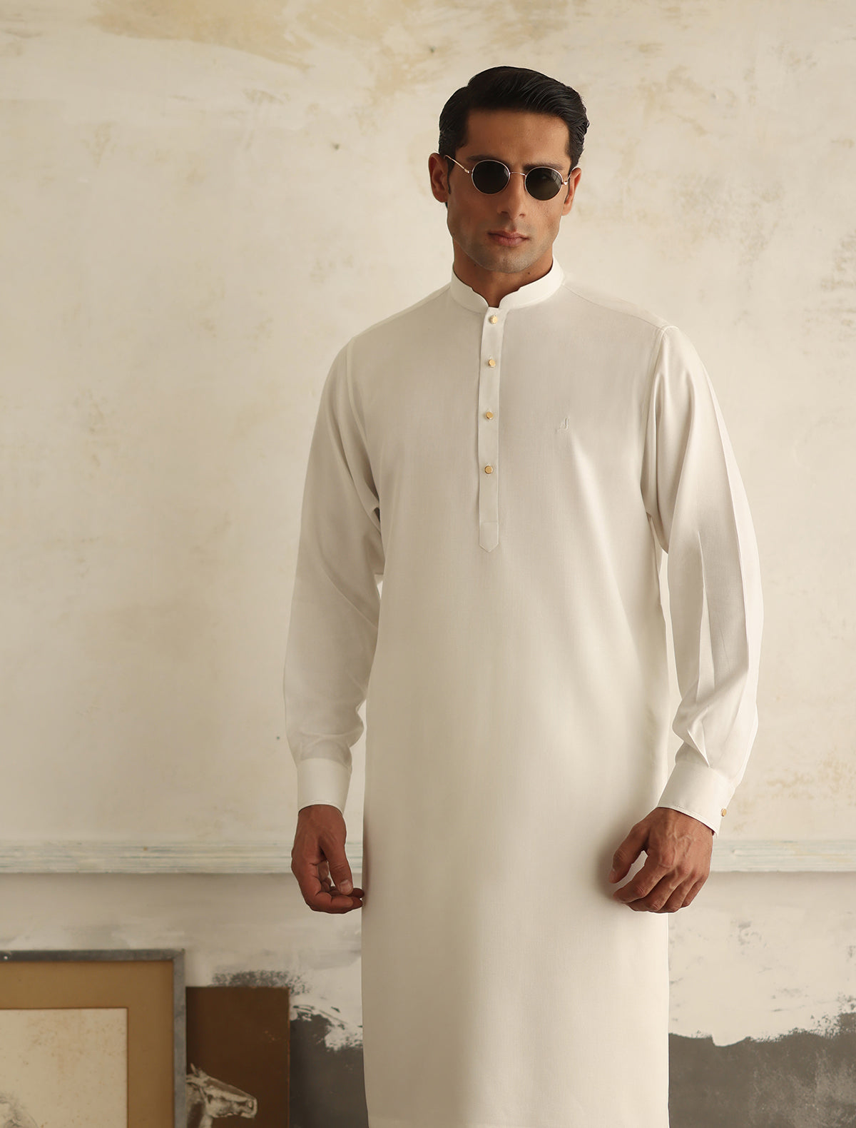 Cream Oxford Logo Embellished Kameez Shalwar (SHK2472)