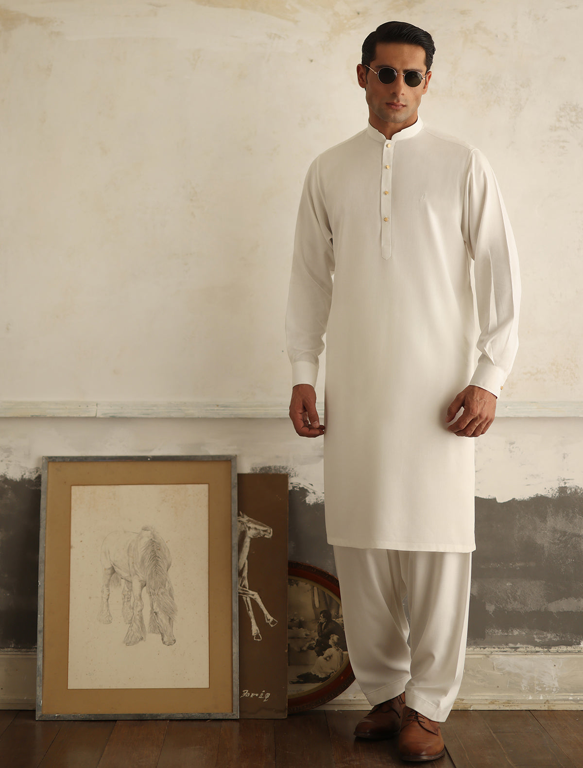 Cream Oxford Logo Embellished Kameez Shalwar (SHK2472)