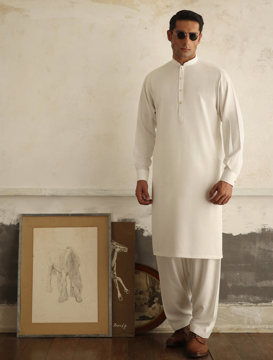 Cream Oxford Logo Embellished Kameez Shalwar (SHK2472)