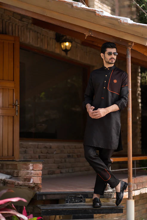 Snug Black Linen Kurta Trouser & Waistcoat