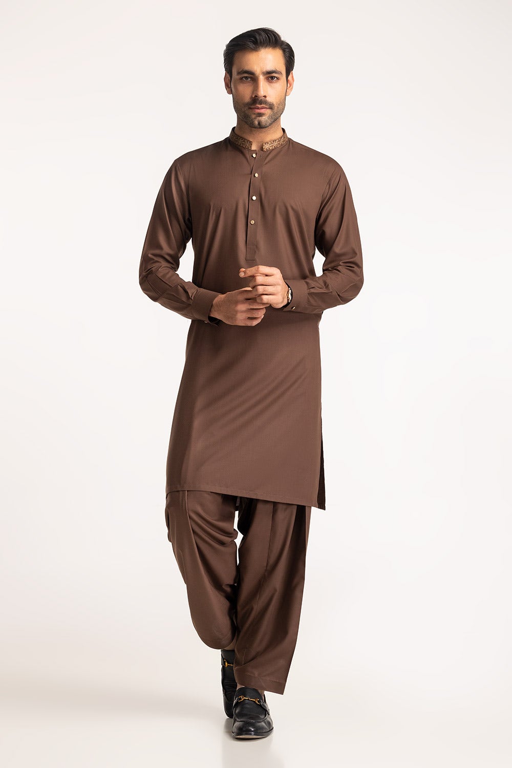 Wood Brown Embroidered Kameez Shalwar