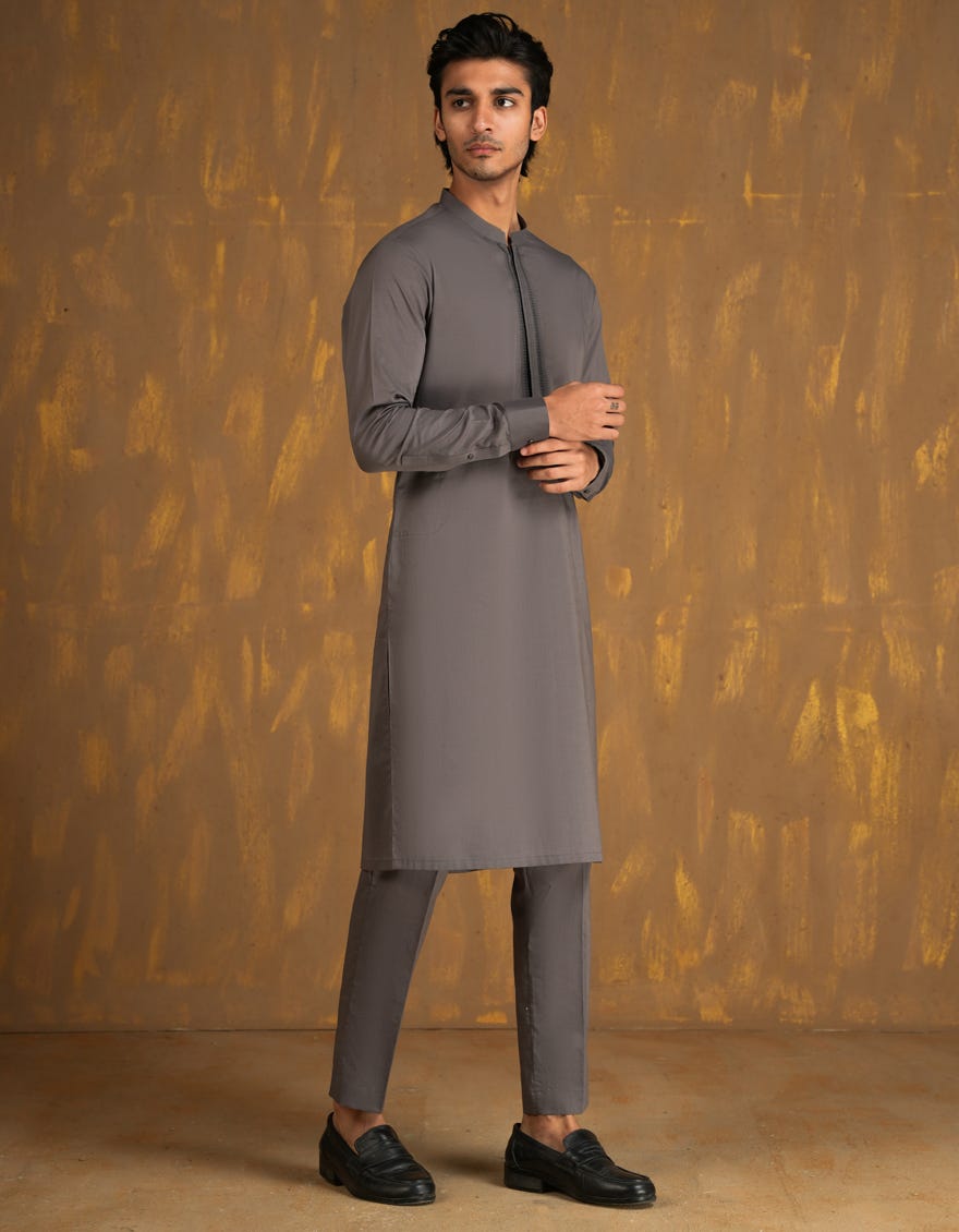 Grey Embroidered Cotton Kurta Pyjama