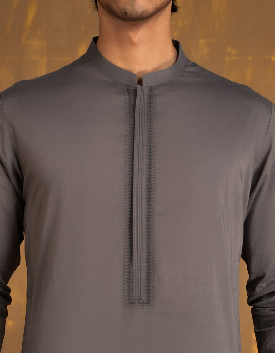 Grey Embroidered Cotton Kurta Pyjama