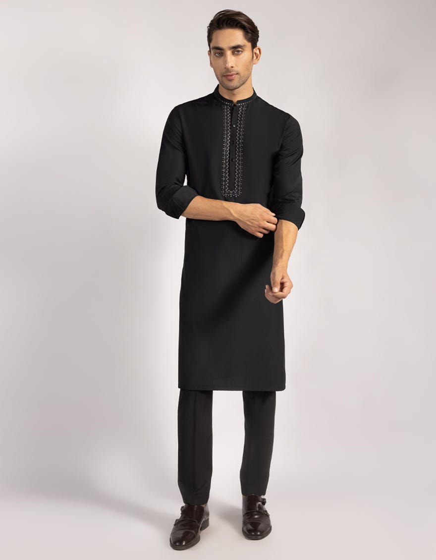 Black Blended Embroidered Kurta Trouser