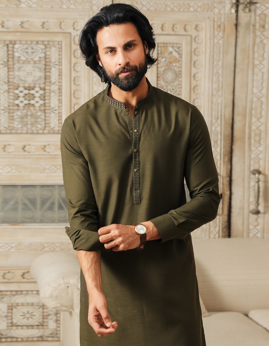 Mehndi Green Embroidered Blended Kameez Shalwar