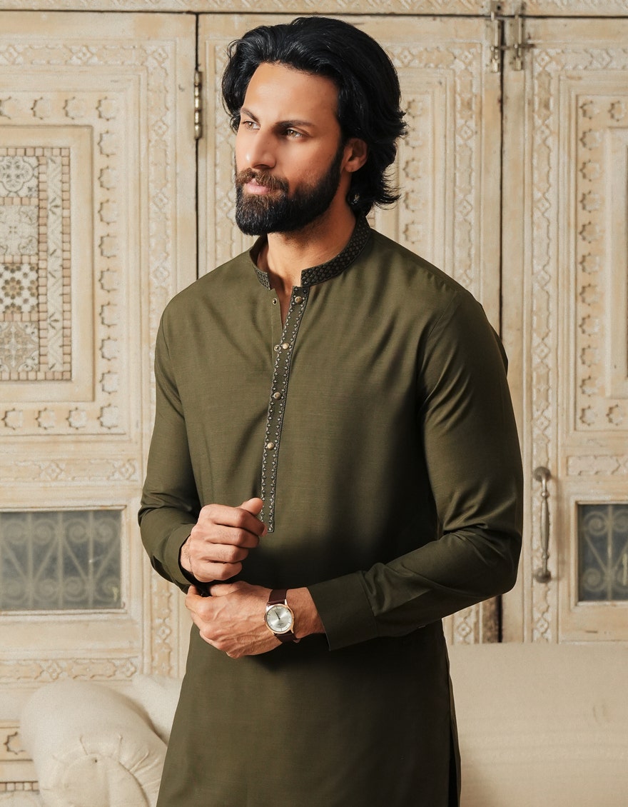 Mehndi Green Embroidered Blended Kameez Shalwar