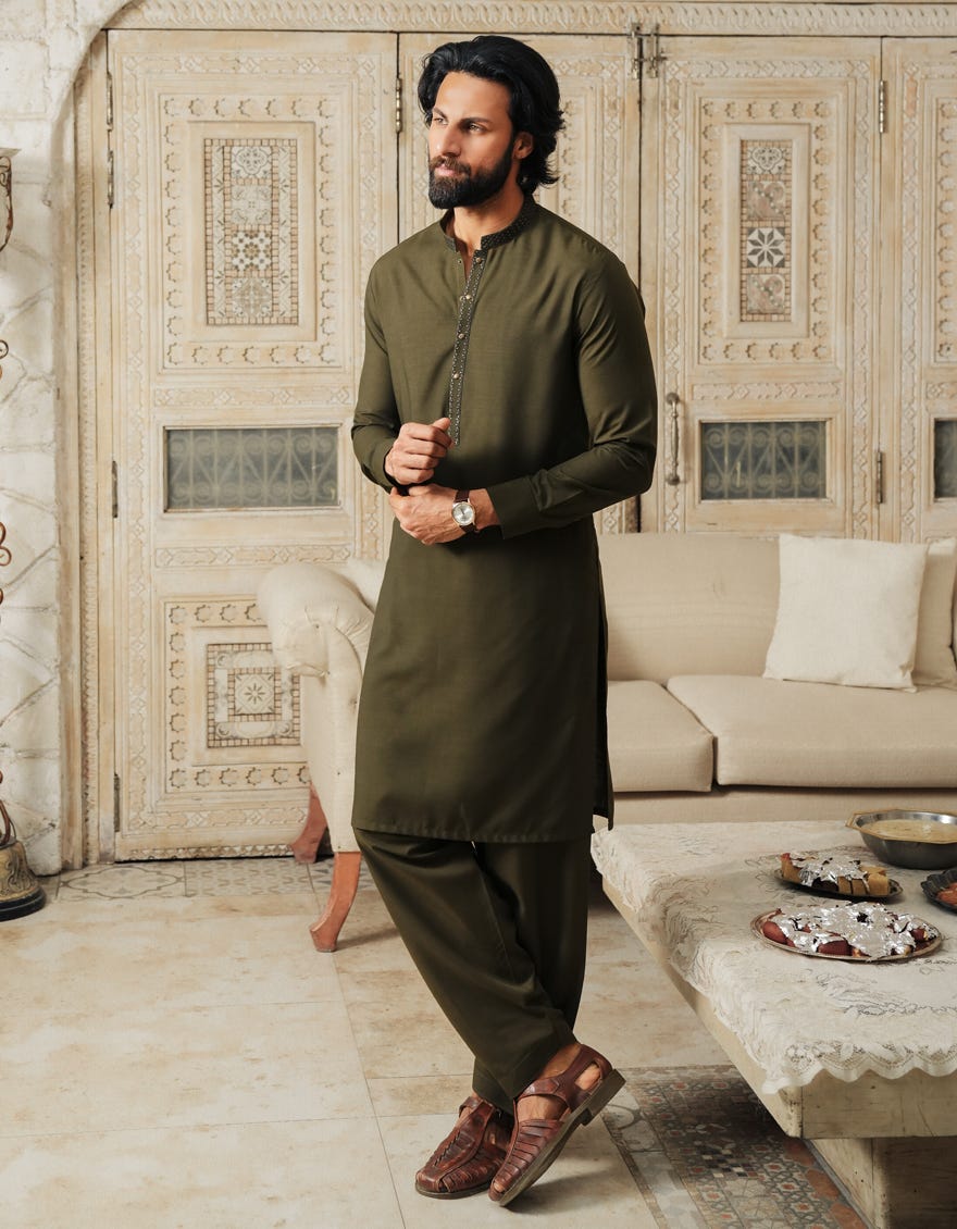Mehndi Green Embroidered Blended Kameez Shalwar