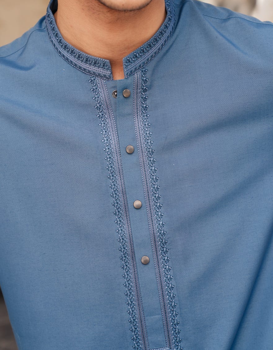 Blue Embroidered Blended Kameez Shalwar