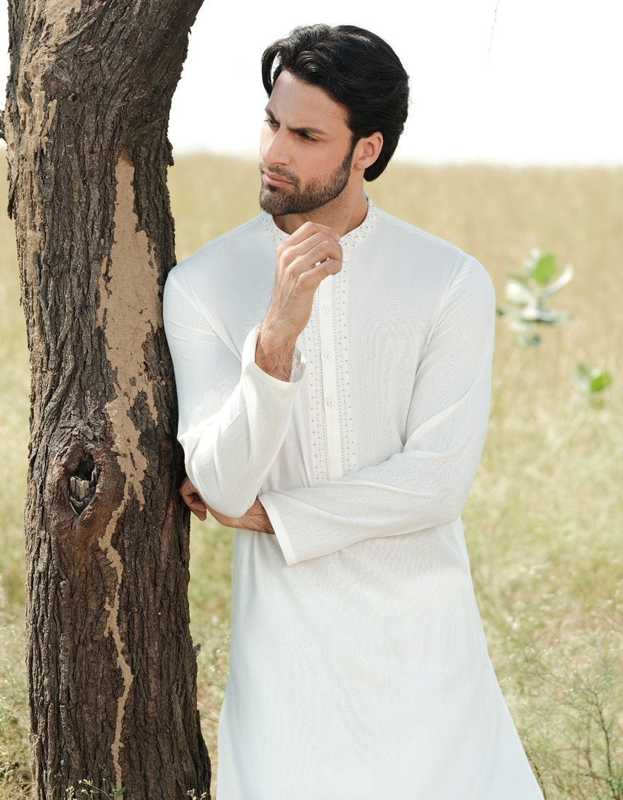 Off White Blended Embroidered Kameez Shalwar